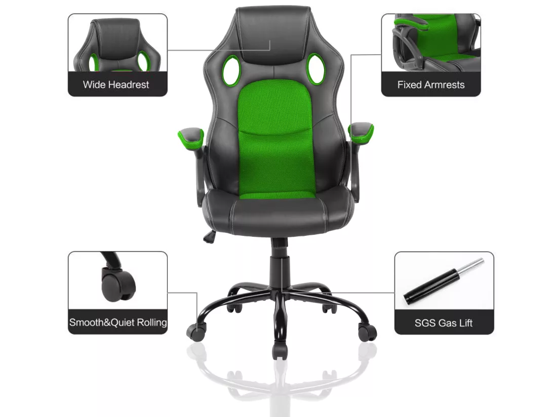 Chaise De Bureau Fauteuil Gamer Noir Vert Simili-cuir 120x66x63