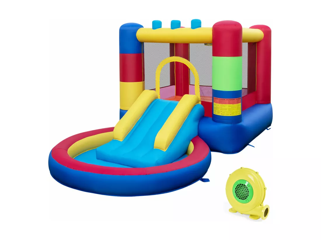 4 en 1 Château Gonflable Enfants avec Toboggan et Souffleur 480W, Maison de Rebond Gonflable avec Piscine et 50 Boules, Thème Puzzle, Parc Aquatique, Charge Max 90kg, 3 Ans+