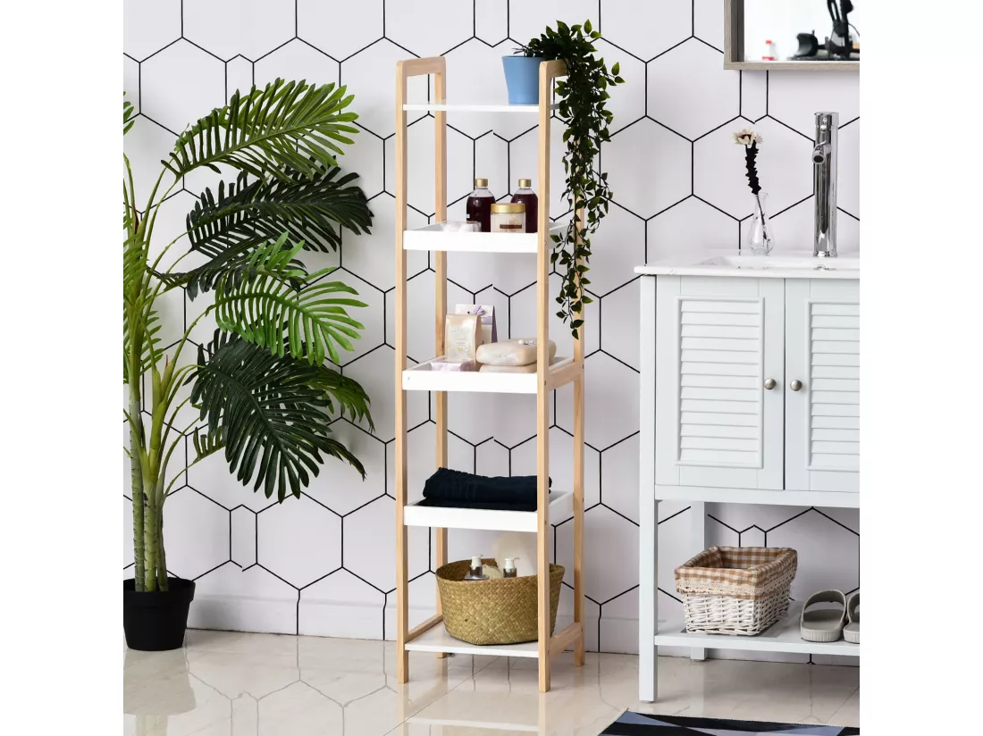 Etagère en bambou de salle de bain étagère debout 3 paniers + 2 étagères dim. 32L x 30l x 130H cm beige blanc
