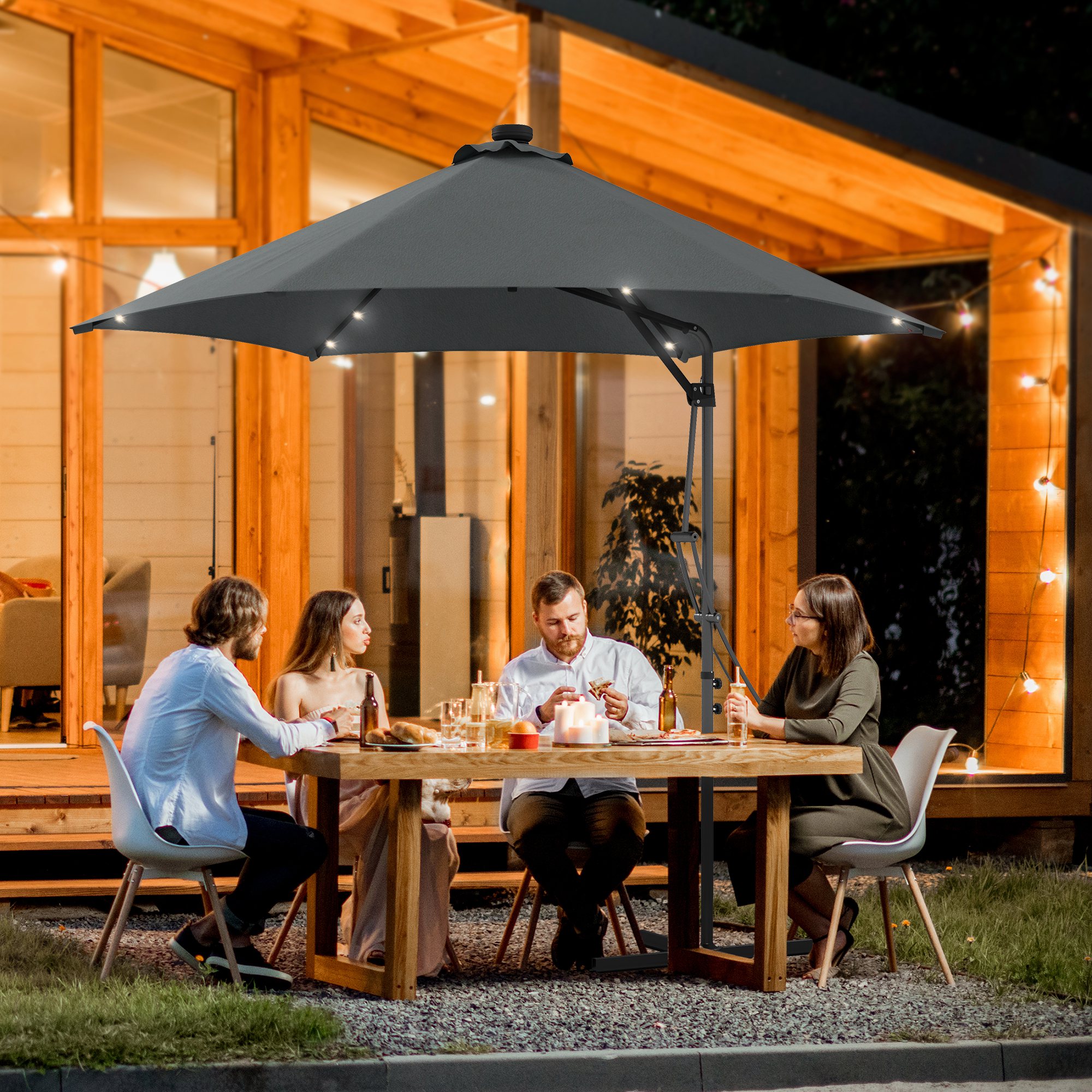 Guarda-sol de braço articulado Outsunny de 3 m com luzes LED, guarda-sol de jardim com manivela e base cruzada, guarda-sol lateral para pátio e terraço, cinza escuro