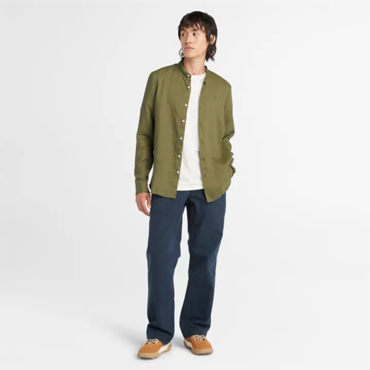 Chemise en lin Mill Brook à col Mao pour homme en vert