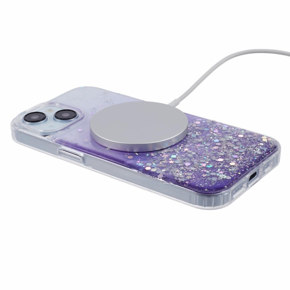 iPhone 14 MagSafe Hülle mit Acryl Rückseite und Farbverlauf im Glitzer Design - Lila