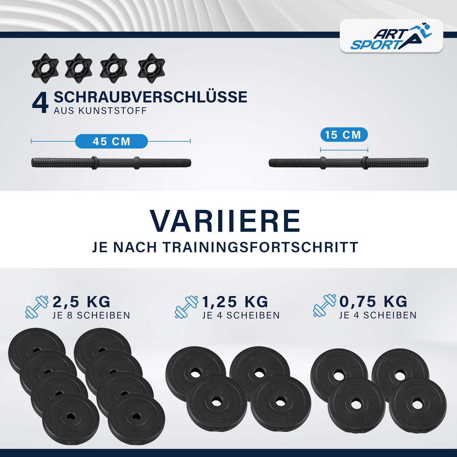 Artsport 2er Hantelset 30kg - Kurzhantel Set mit 2 Kurzhanteln, 16 Gewichte – Rutschfeste Griffe