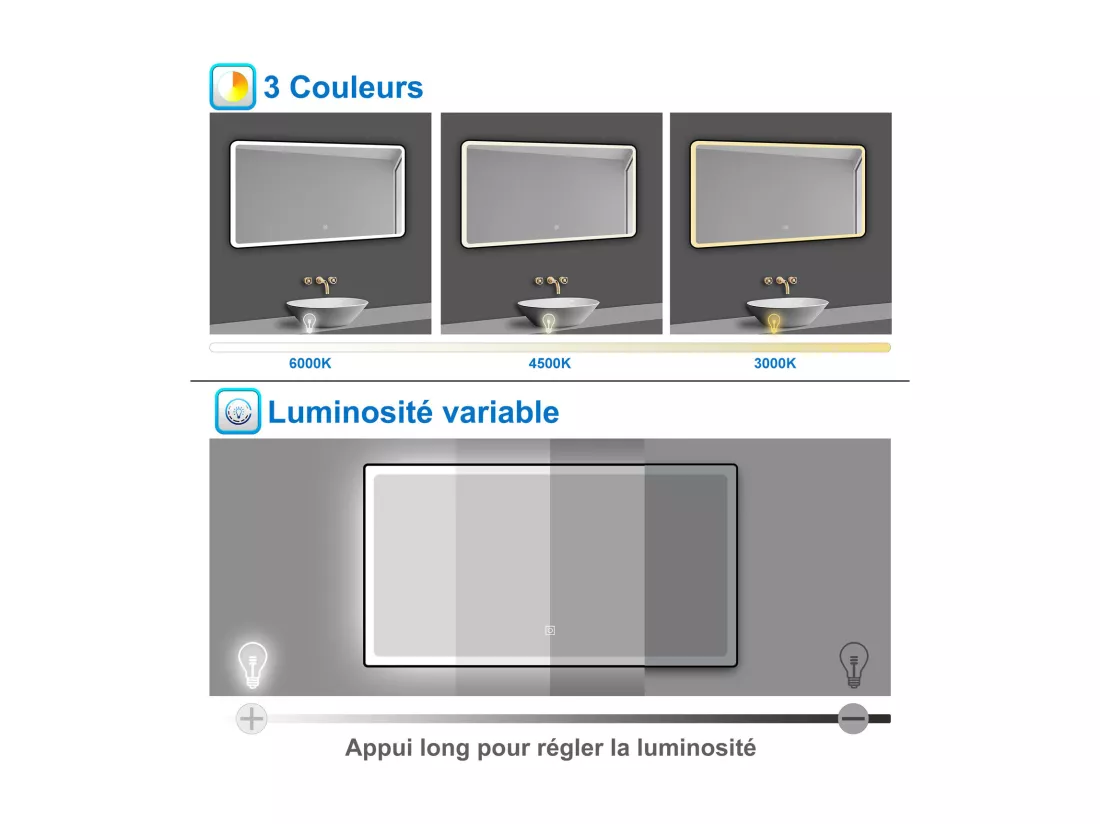 AICA Miroir lumineux 120x70 cm avec 3 couleurs + dimmable + anti-buée + mémoire, miroir salle de bain led