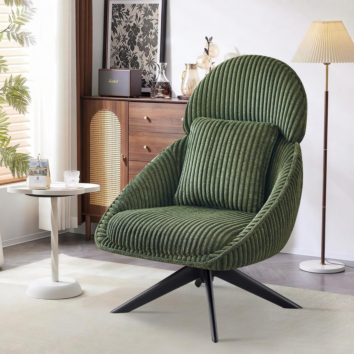Loungesessel Sessel Wohnzimmer 360°Drehbar, Ohrensessel Armlehnstuhl Polsterstuhl mit dickem Abnehmbares Wurfkissen, Relaxsessel Lesesessel für Wohnzimmer Schlafzimmer Büro, Grün