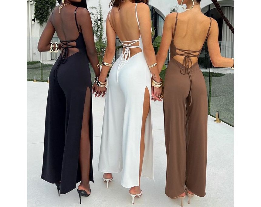 Ragom - Spaghettibandjes jumpsuit met wijde pijpen en split