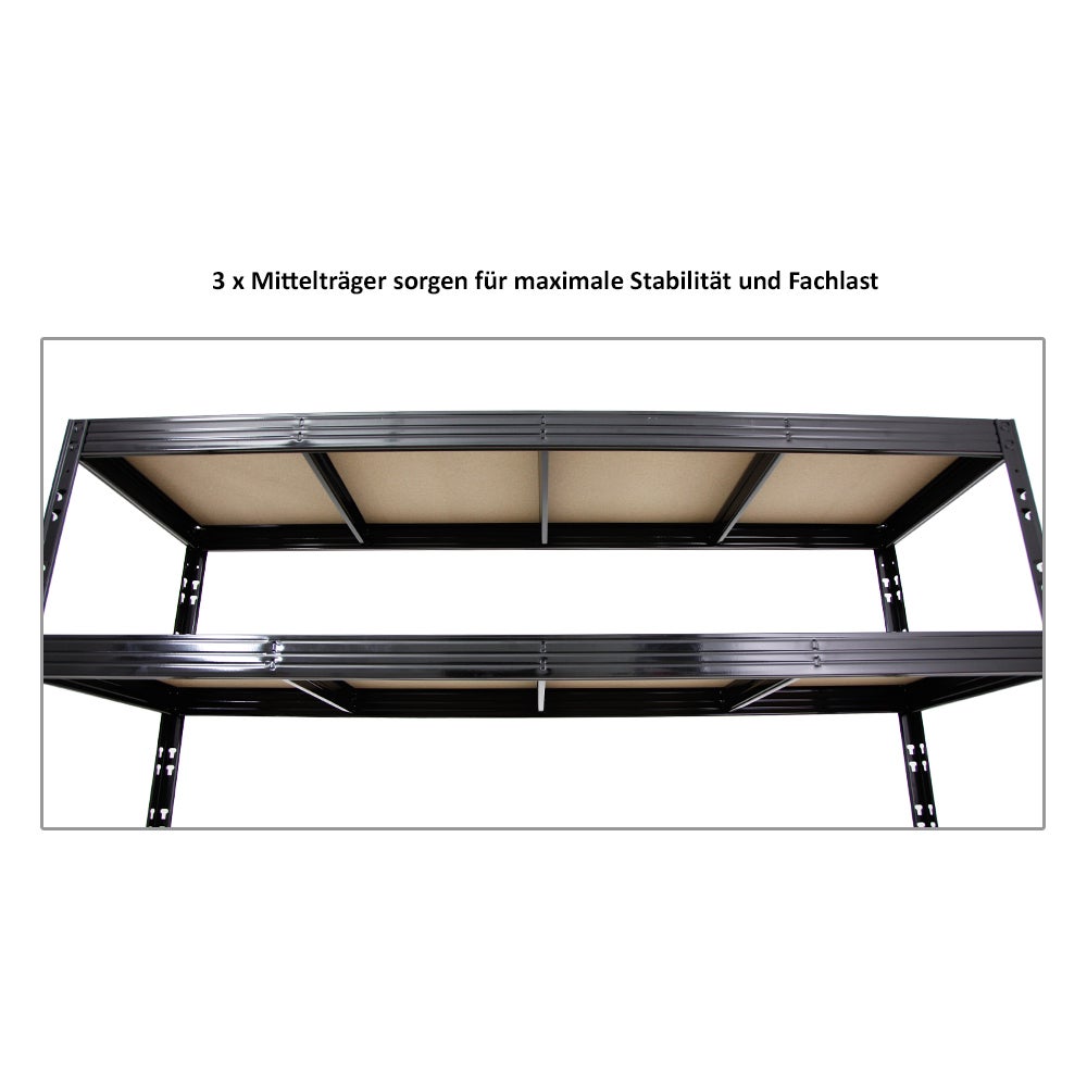PROREGAL Professionele Heavy-Duty Stellingkast Rhino HxBxD 180 x 200 x 60 cm 4 Spaanplaat Planken 8mm Plank Draagvermogen 500 kg Zwart