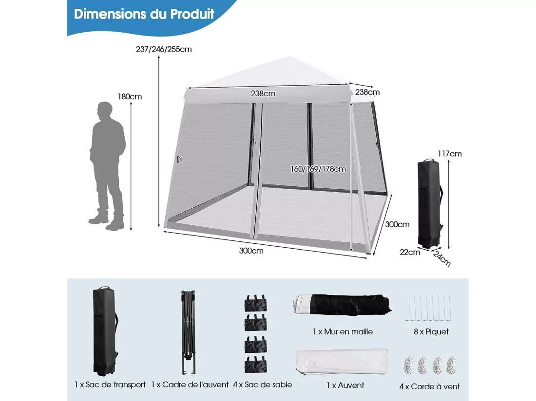 Tonnelle Pliante 3 M x 3 M Imperméable Protection UV/Tente Réglable en Hauteur avec Parois en Maille Sac de Transport pour Patio, CamBoisg (Blanc)