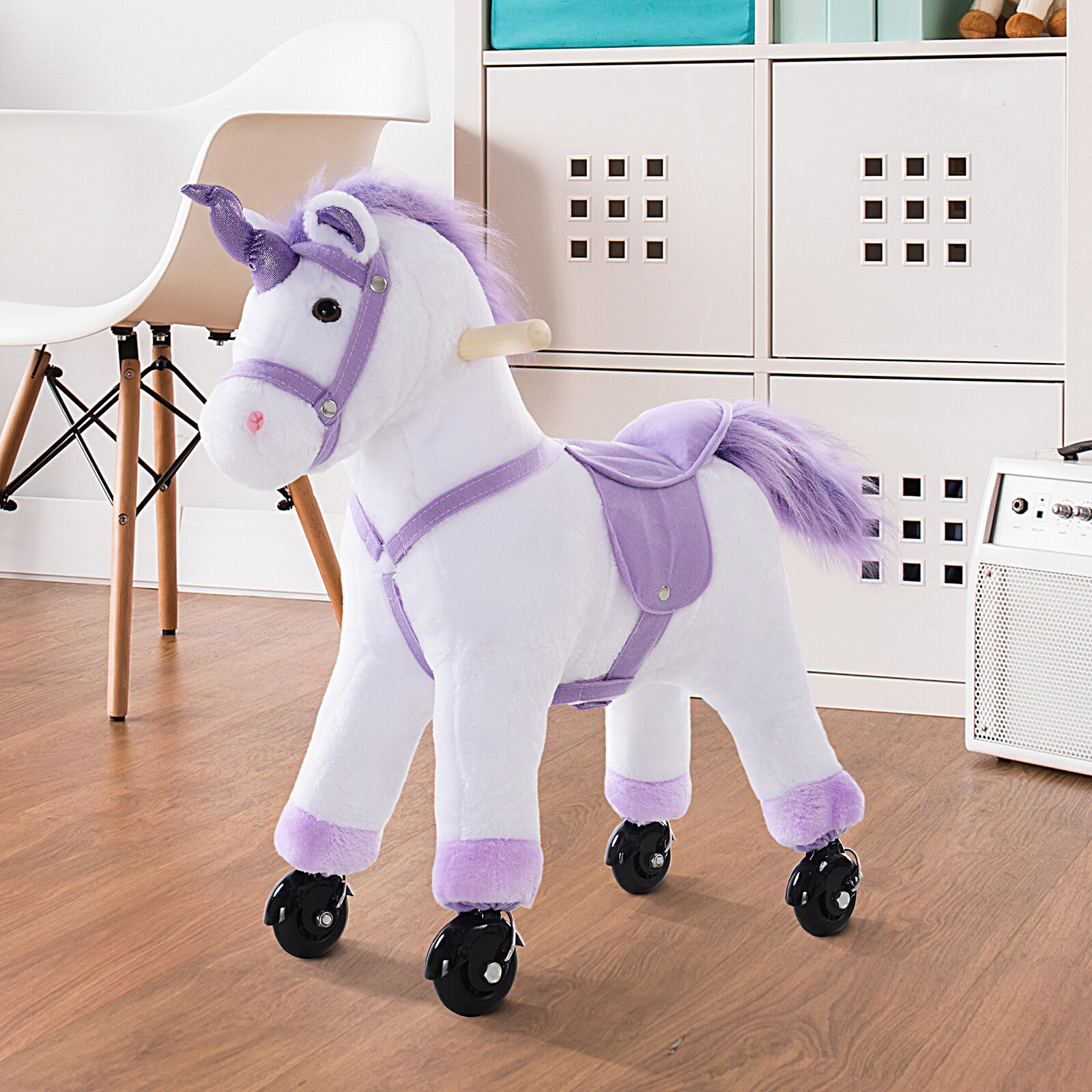 HOMCOM Plüsch-Einhorn auf Rollen weiß, lila 55 x 23 x 60 cm (LxBxH)