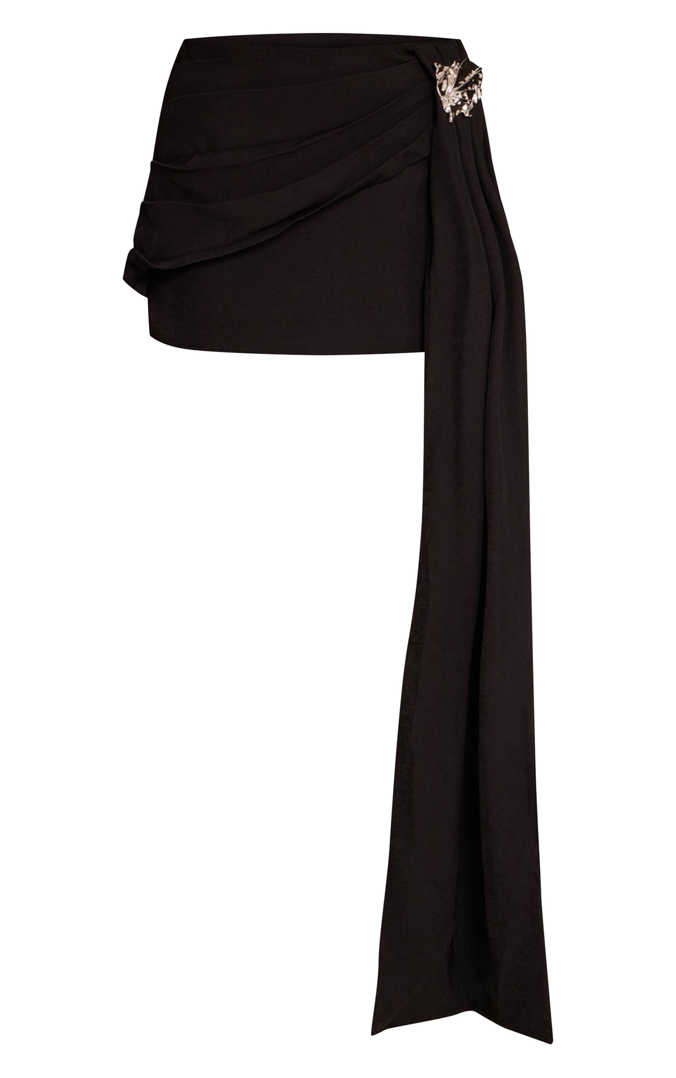Noir Ensemble Jupe Courte Premium En Tissu Tissé Avec Détail De Drapé Décoratif