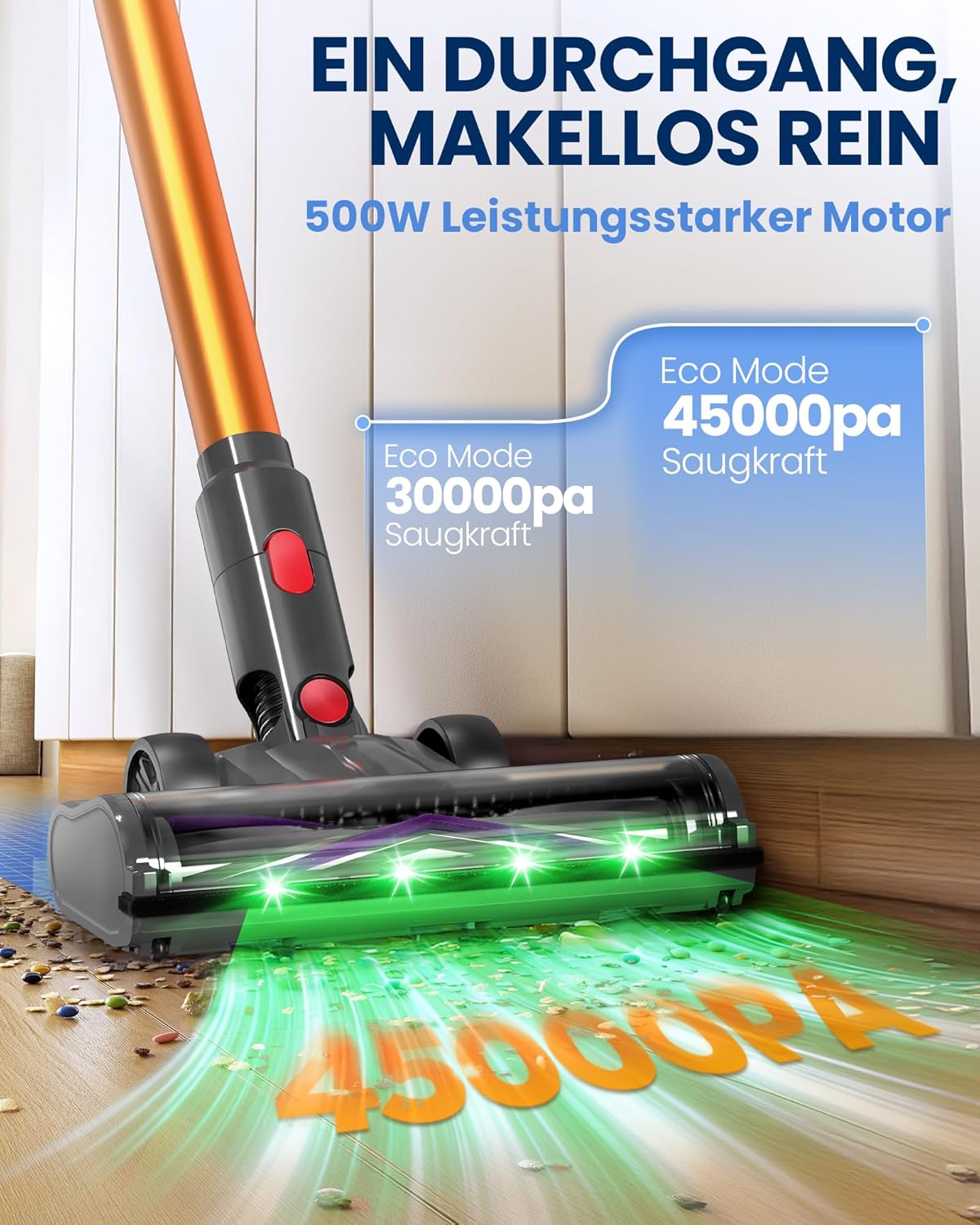 DP2 Akku Staubsauger Mit Dual-Akku, 45KPa/60Min/500W, LED-Display, Teleskopstange, Standfähig, GreenEye Licht, Staubsauger Kabellos Ideal Für Tierhaare/Teppiche/Hartböden