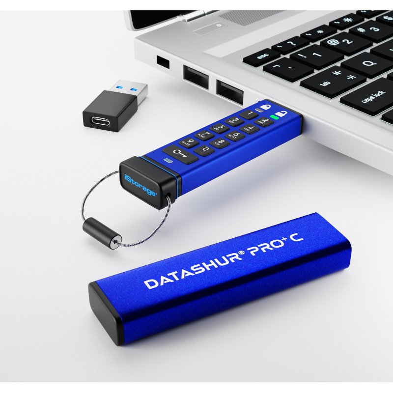 iStorage datAshur PRO+C 128GB | Secure USB Type-C Memory Stick | FIPS 140-3 Level 3 pending | PIN protected | Type C-A adapter included.