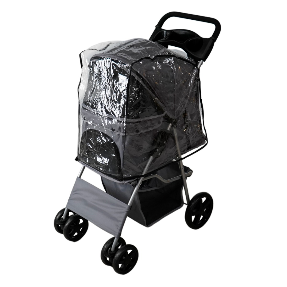 Carrinho para animais de estimação com capa de chuva - Cinza