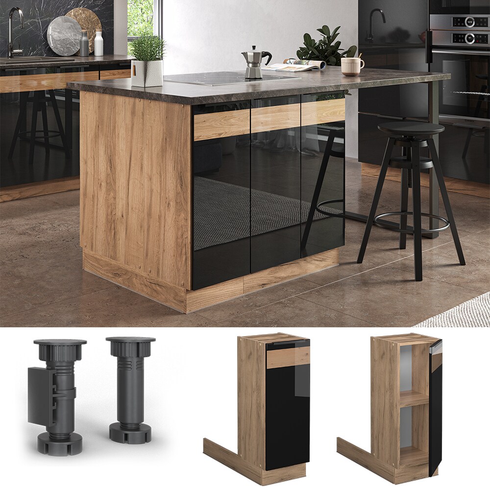 Vicco Regalinselunterschrank Küchenschrank Küchenmöbel Fame-Line Eiche Schwarz 30 cm modern Hochglanz