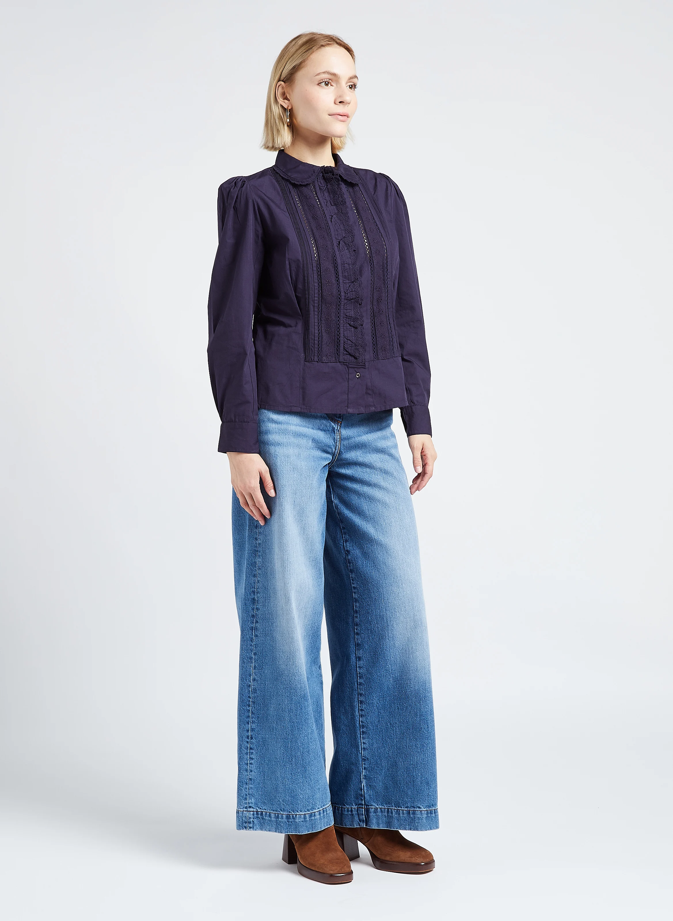 DIANE - Chemise col claudine en popeline de coton| Bleu