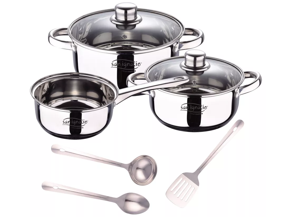 Set 5pcs inox : casserole Ø16x7,5 poêles Ø18x8,5 et Ø20x9,5 cms, induction + Set 3pcs Stainless Steel Cookware