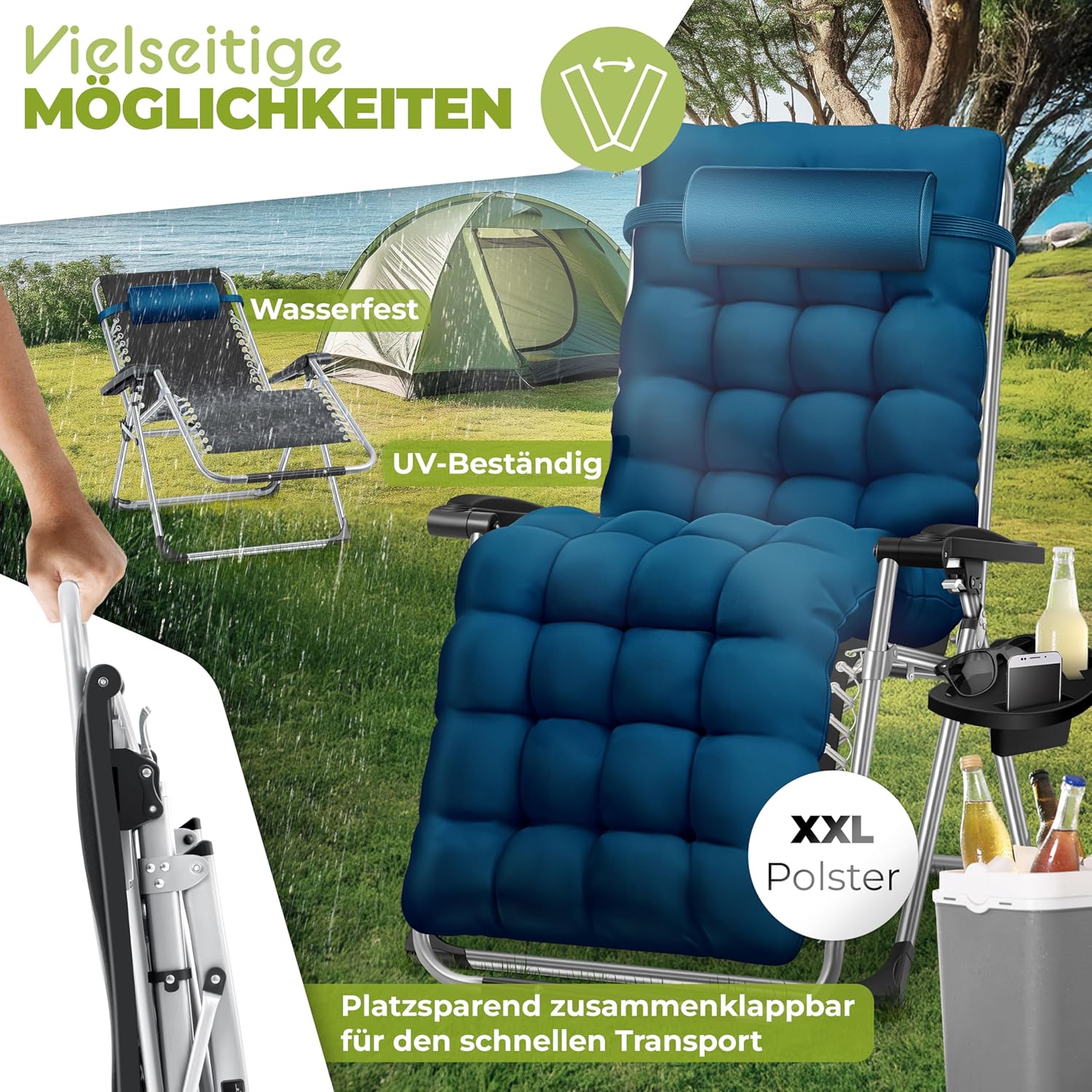 KESSER® Sonnenliege Liegestuhl Klappbar & Wetterfest, Gartenstuhl Belastbar 200kg Ergonomisches Polster Extra Breit Verstellbare Rückenlehne Gartenliege inkl. Nackenkissen & Getränkehalter, Navyblau
