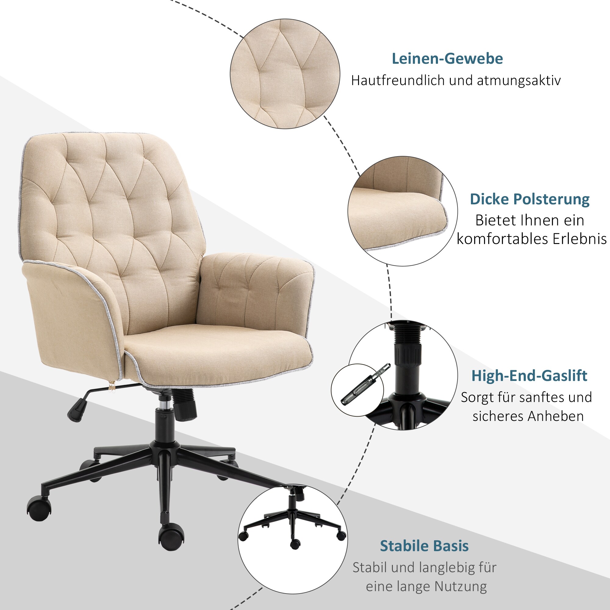 HOMCOM Bürostuhl mit Wippfunktion, aus Webstoff und Polyester, gemütlich 66 x 69 x 89,5-97Hcm (BxTxH)