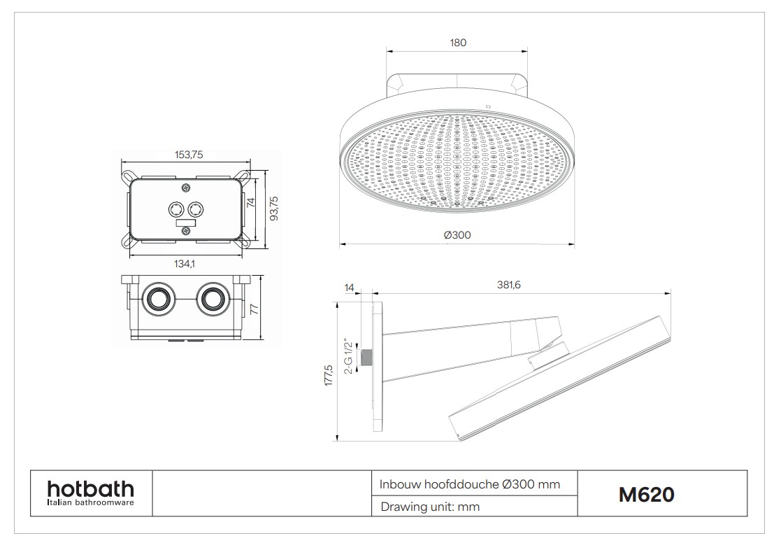 Hotbath Cobber M620 hoofddouche 30cm geborsteld koper PVD