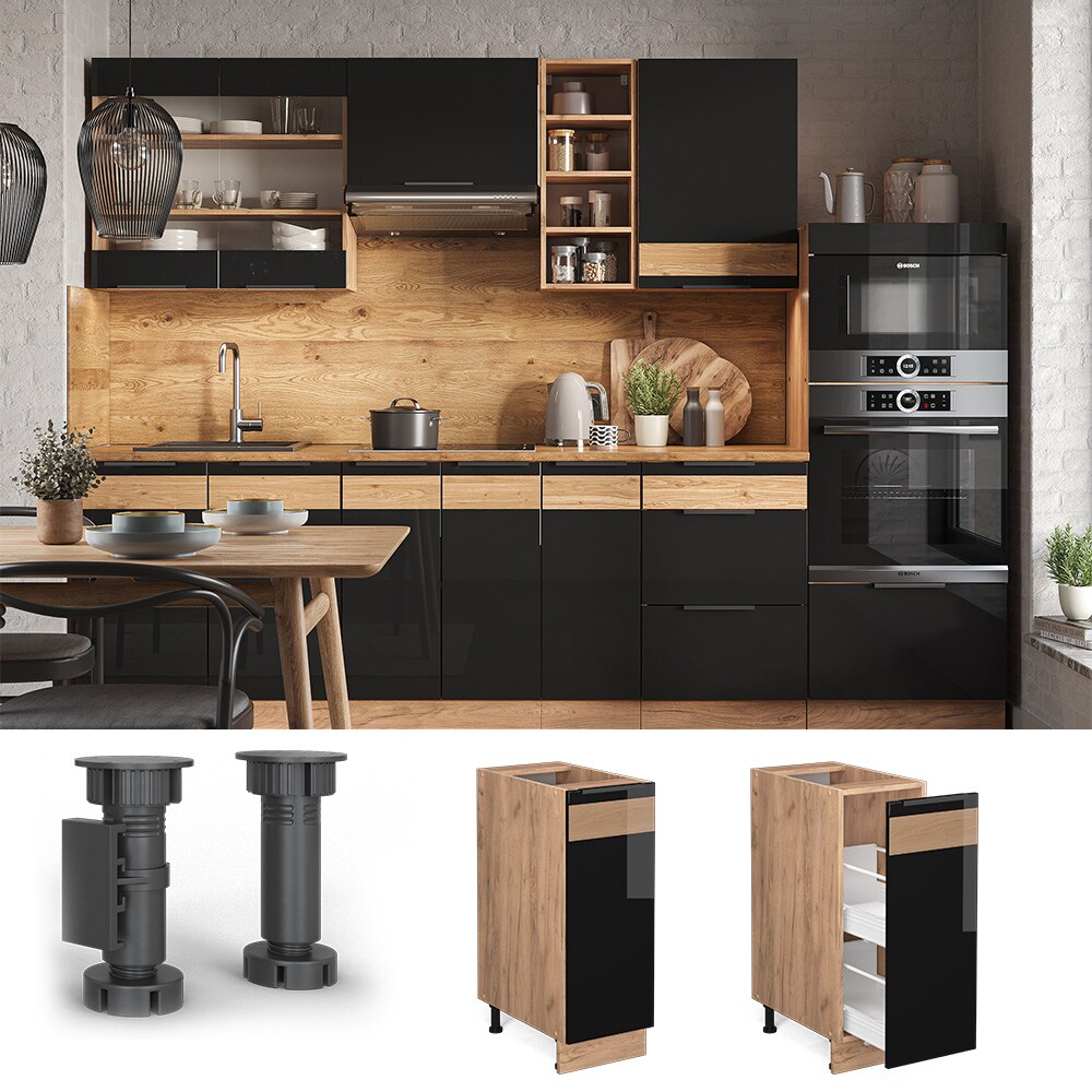Vicco Apothekerunterschrank Küchenschrank Küchenmöbel Fame-Line Eiche Schwarz 30 cm modern Hochglanz