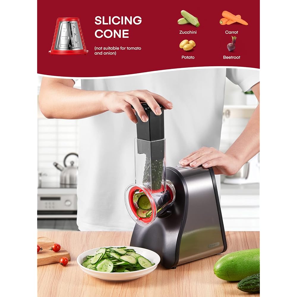 FOHERE 4 en 1 Râpe a Légumes Électrique, Découpe légumes électrique 200W Râpe Carottes Hachoir Électrique pour Fromage, Carottes, Pommes de Terre, Concombres, Argent : Cuisine et Maison