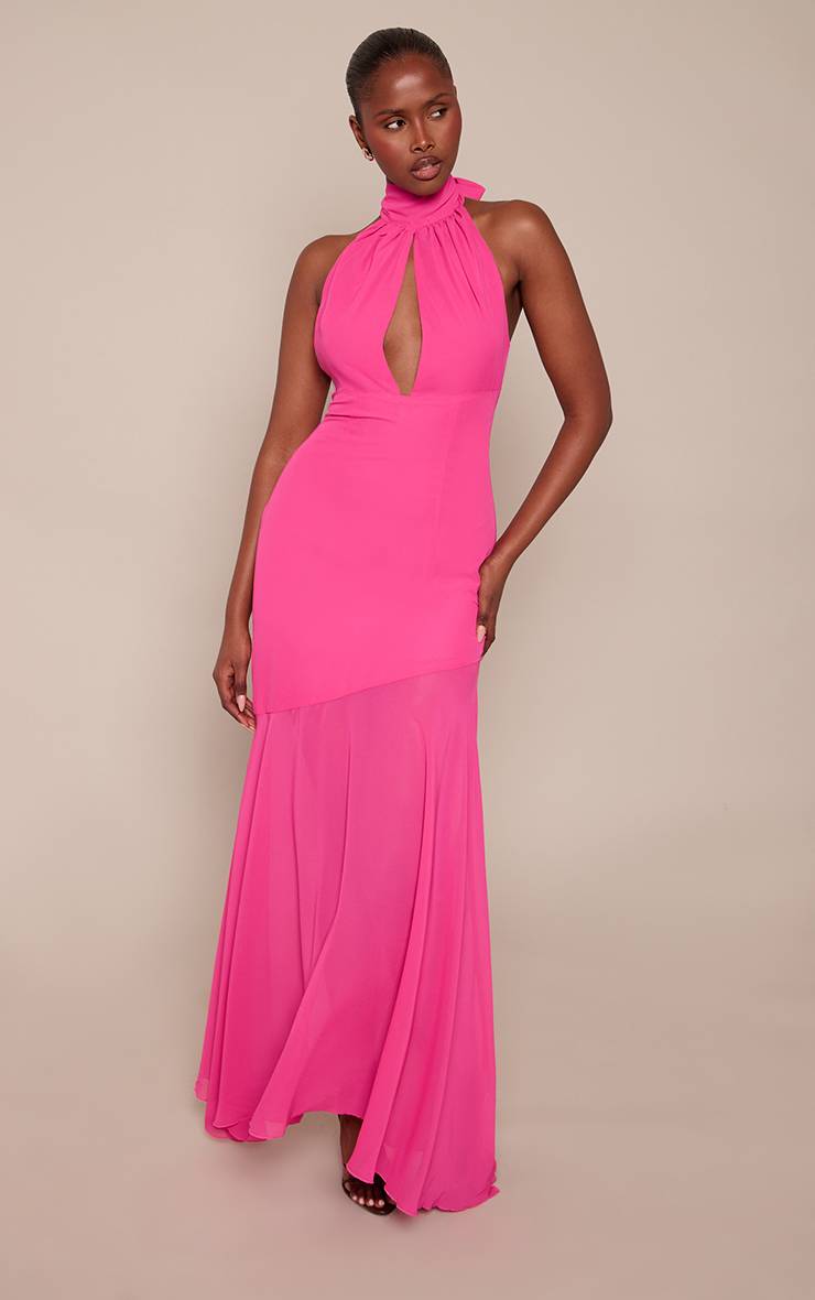 Fuchsia Robe Longue Cache-cœur En Mousseline Col Licou Taille Basse Asymétrique