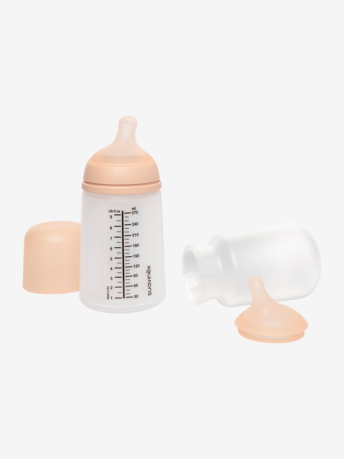 Conjunto inicial de mamadeiras SUAVINEX Zero.Zero 270ml, rosa claro, lisa com desenhos.