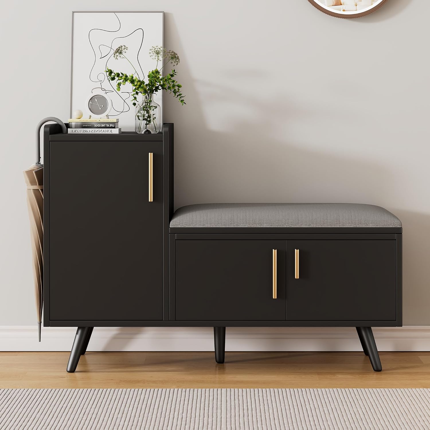 Merax Schuhschrank mit Sitzbank, Schuhbank mit Sitzfläche, 3 Stauraumtüren, asymmetrische Metallgriffen, Schwarz, B100/T34/H69 cm