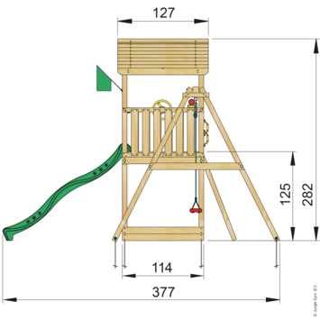 Speeltoestel Jungle Gym House grenen geïmpregneerd met glijbaan donker groen en 1-schommel module