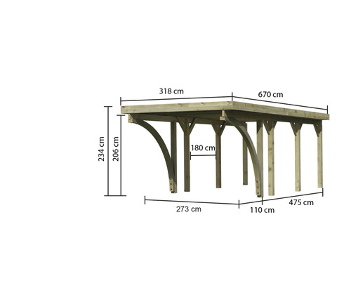 Enkele carport Karibu Bremm 2 variant C 318x670 cm drukgeïmpregneerd
