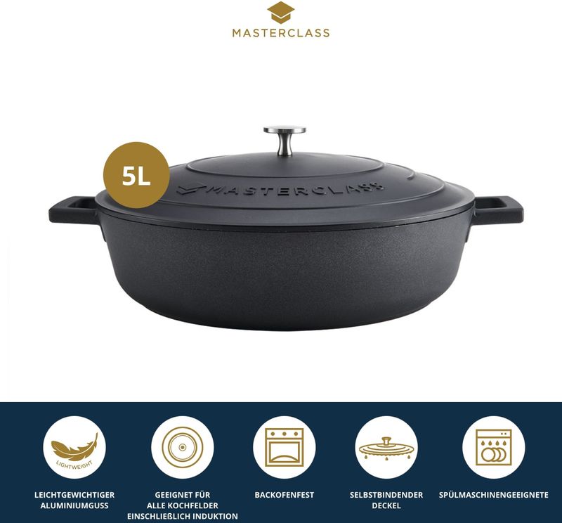 Braadpan, Laag, Gietaluminium, 32 CM, 5 L, Zwart - MasterClass