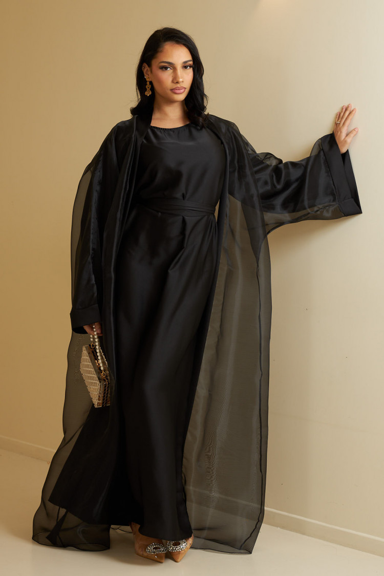 Ensemble 2 pièces abaya + kimono ceinturé noir