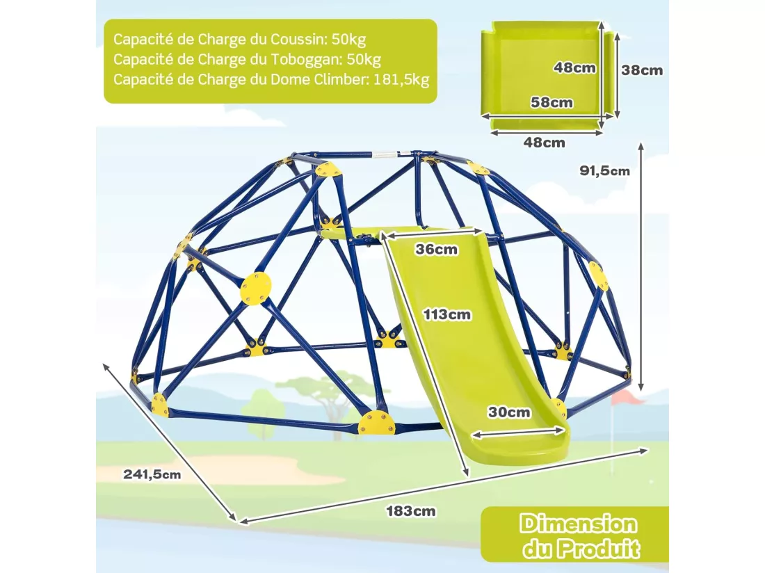 Dôme d'escalade Enfants avec Toboggan/Cage d'escalade avec Coussin en Tissu et velours-Charge 180kg/Aire de Jeux Extérieure et Intérieure pour Garçons et Filles de 3 à 10 Ans