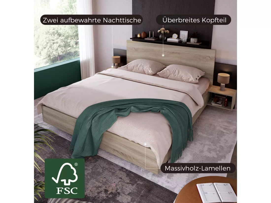 Ensemble lit avec chevets 160 x 200 cm + Sommier - bois massif - Coloris : Naturel et anthracite