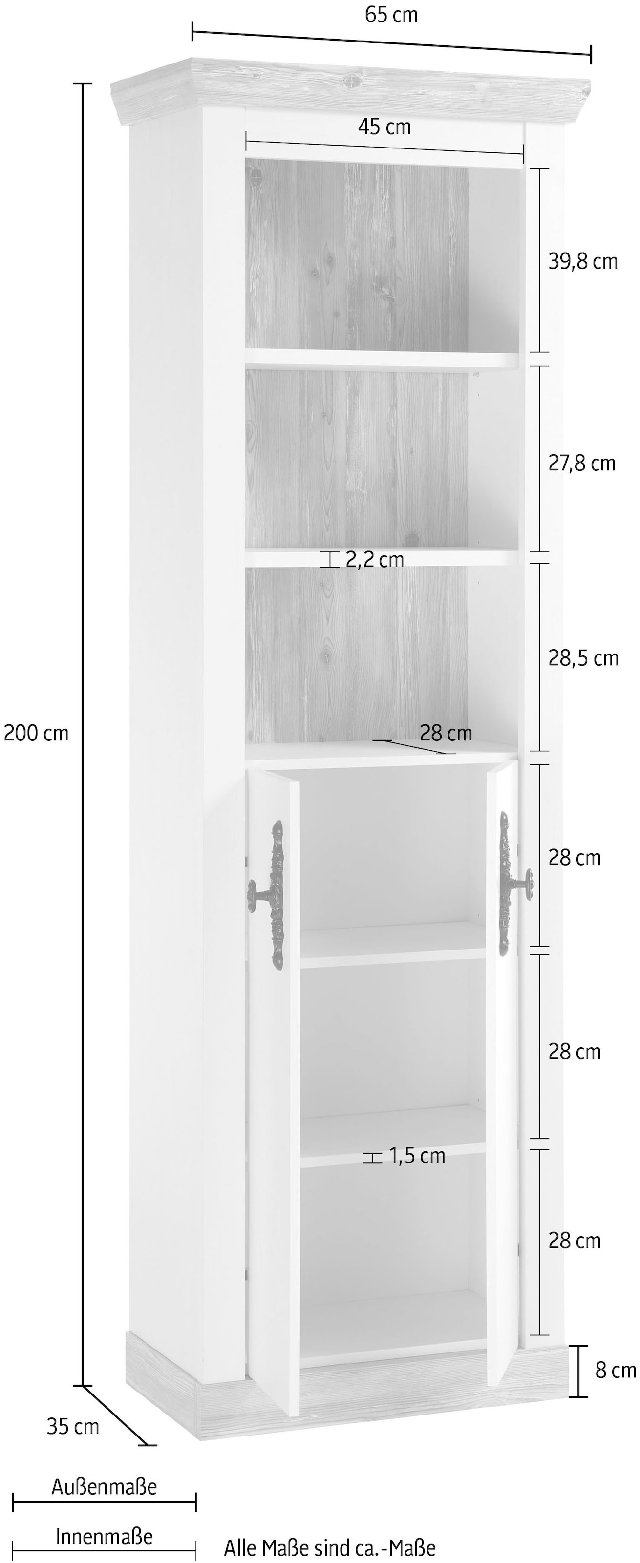 Home affaire Hochschrank »Florenz, Badschrank im Landhausstil, Schrank mit Metallgriffen« in Pinie Weiss, offene Fächer und ausreichend Stauraum hinter Drehtüren