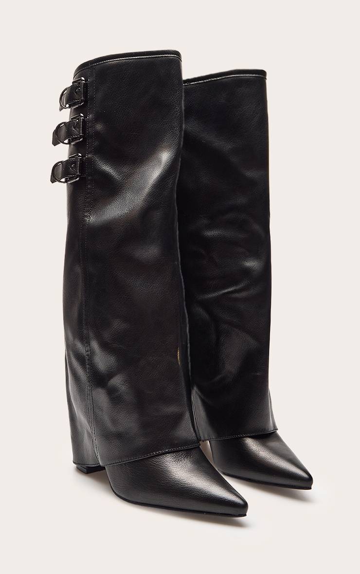 Noir Bottes Hautes À Revers Avec Triple Boucle Et Talon Bloc Finition Patinée