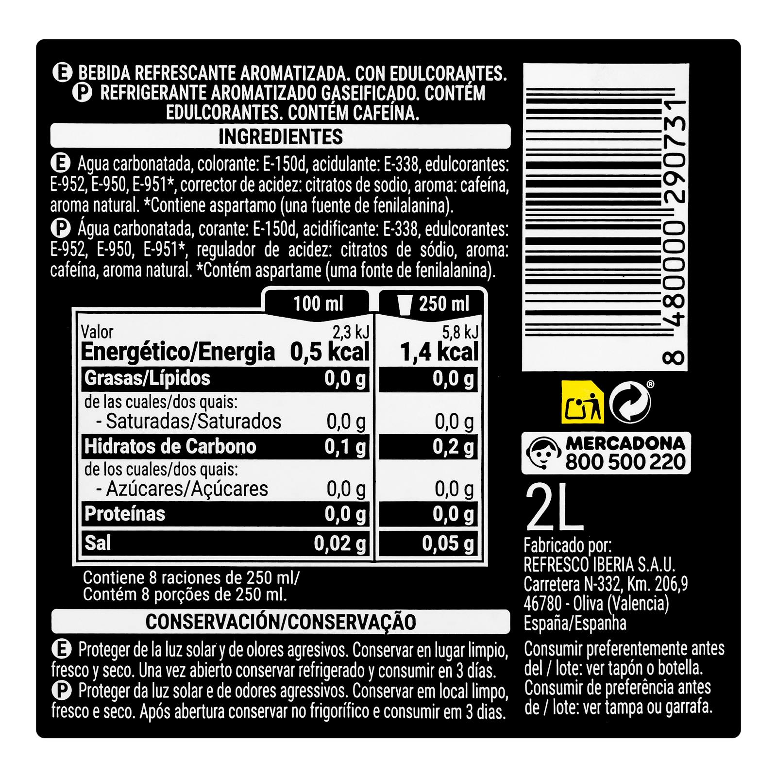 Boisson gazeuse Cola sans sucre Hacendado