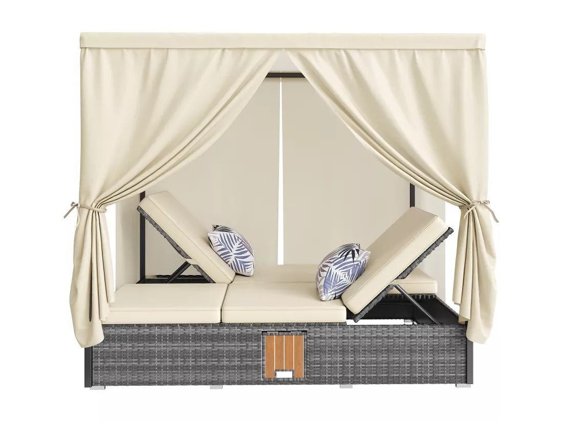 Chaise longue de jardin lit double - avec rideau d'ombrage - chaise longue en rotin - avec coussin et table pliante - gris