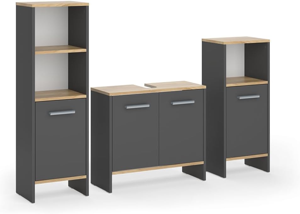 Vicco Badmöbel-Set Anthrazit/Goldkraft Eiche Karli, bestehend aus Bad Spiegelschrank, Waschbeckenunterschrank, Hochschrank - Platz für Pflege- und Badutensilien