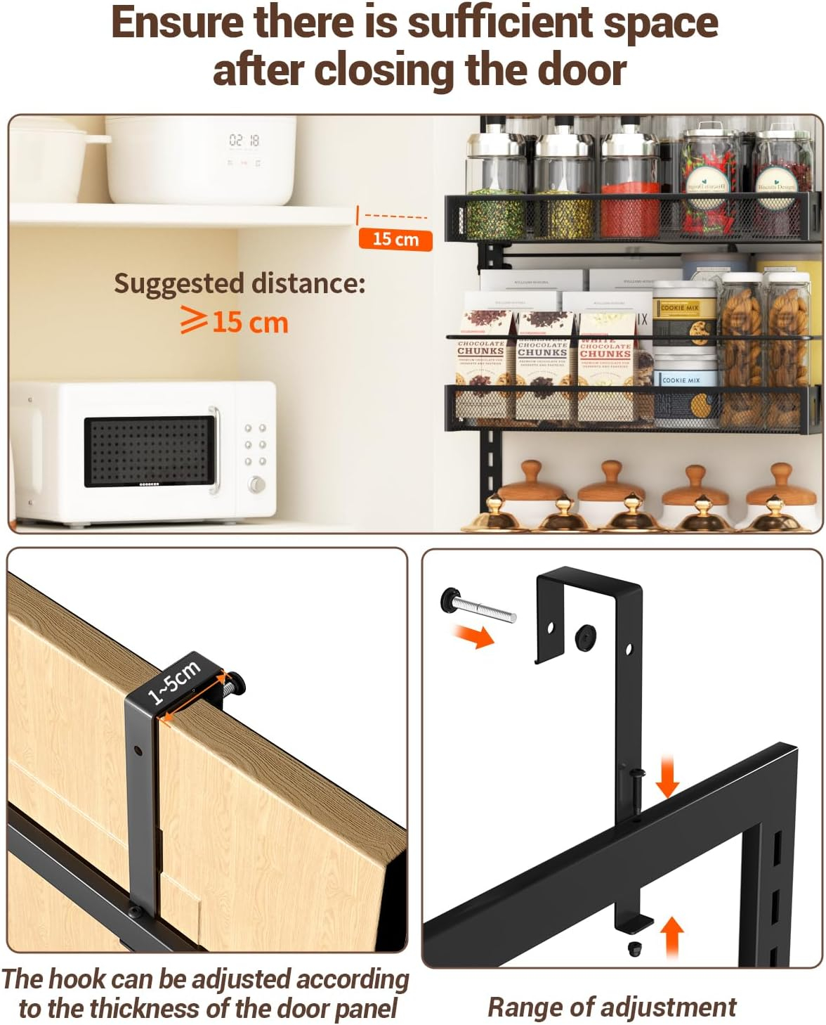 (127x43cm) 6-fach Metall Hänge Regal Küchen Organizer Lebensmittel Aufbewahrung für Tür / Schrank - Schwarz