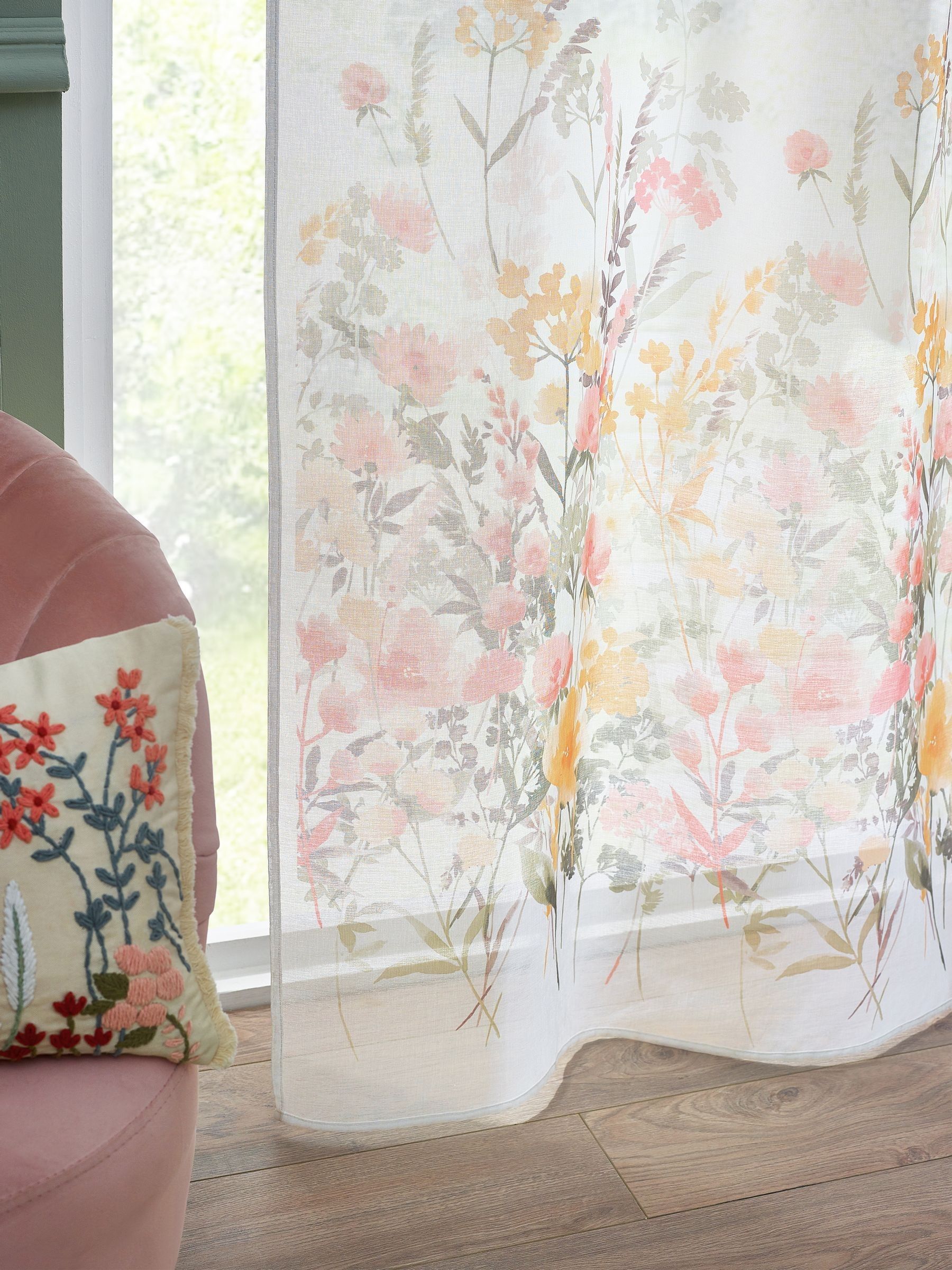 Catherine Lansfield Countryside Floral Slot Top Voile Curtain Slot Header Panel