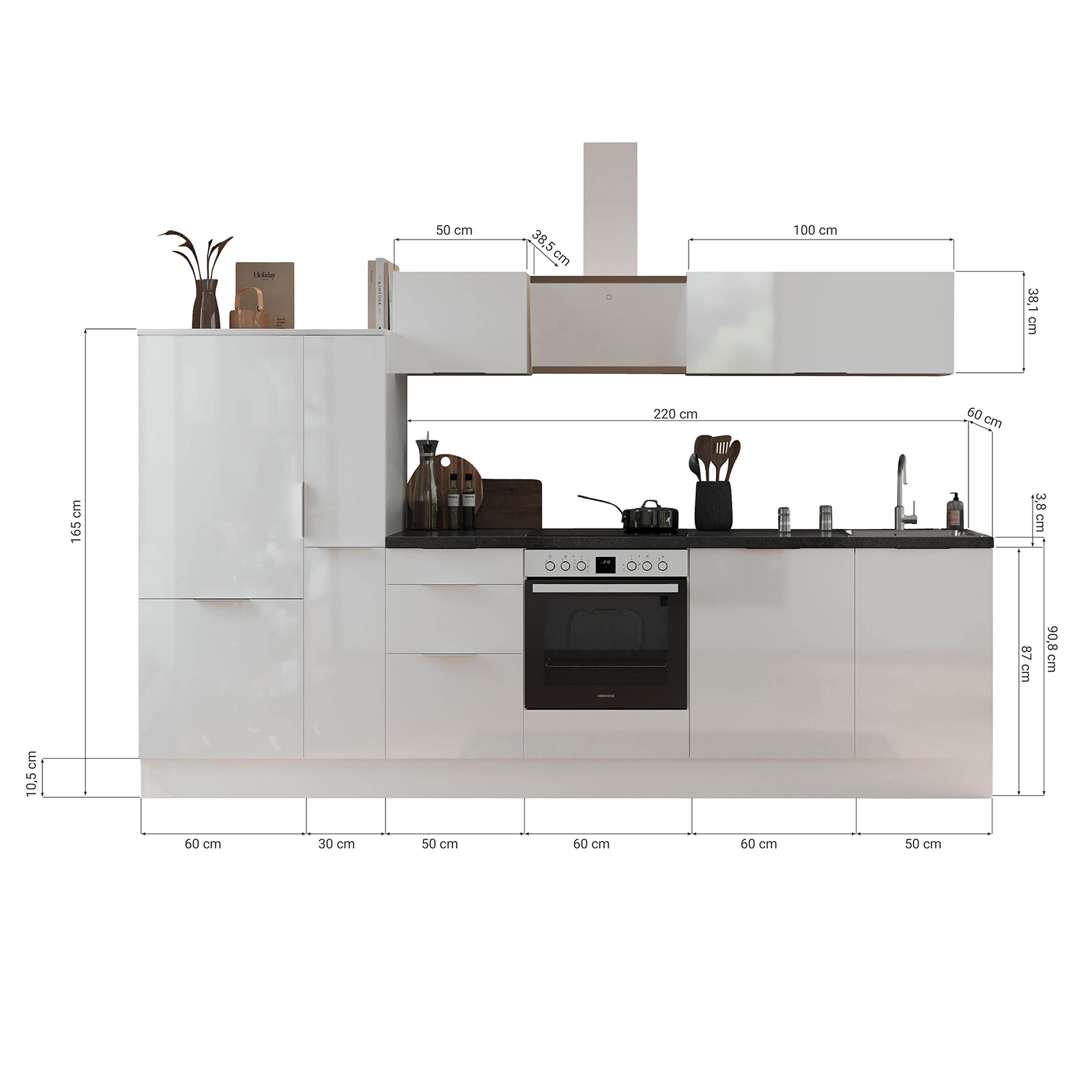 RESPEKTA Küchenblock - Artisan Eiche - grau matt - mit E-Geräten - 310 cm