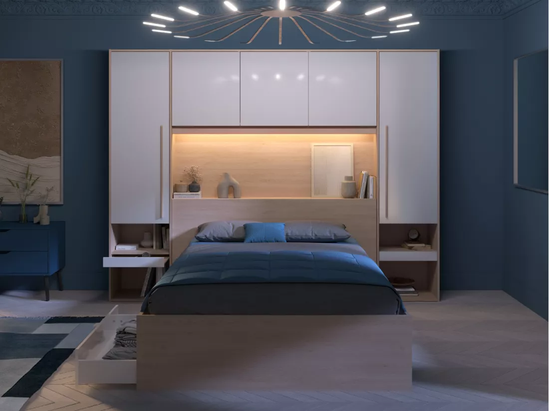 Lit pont 140 x 190 cm avec rangements - avec LEDs - Coloris : Naturel et blanc brillant + Sommier - VELONA