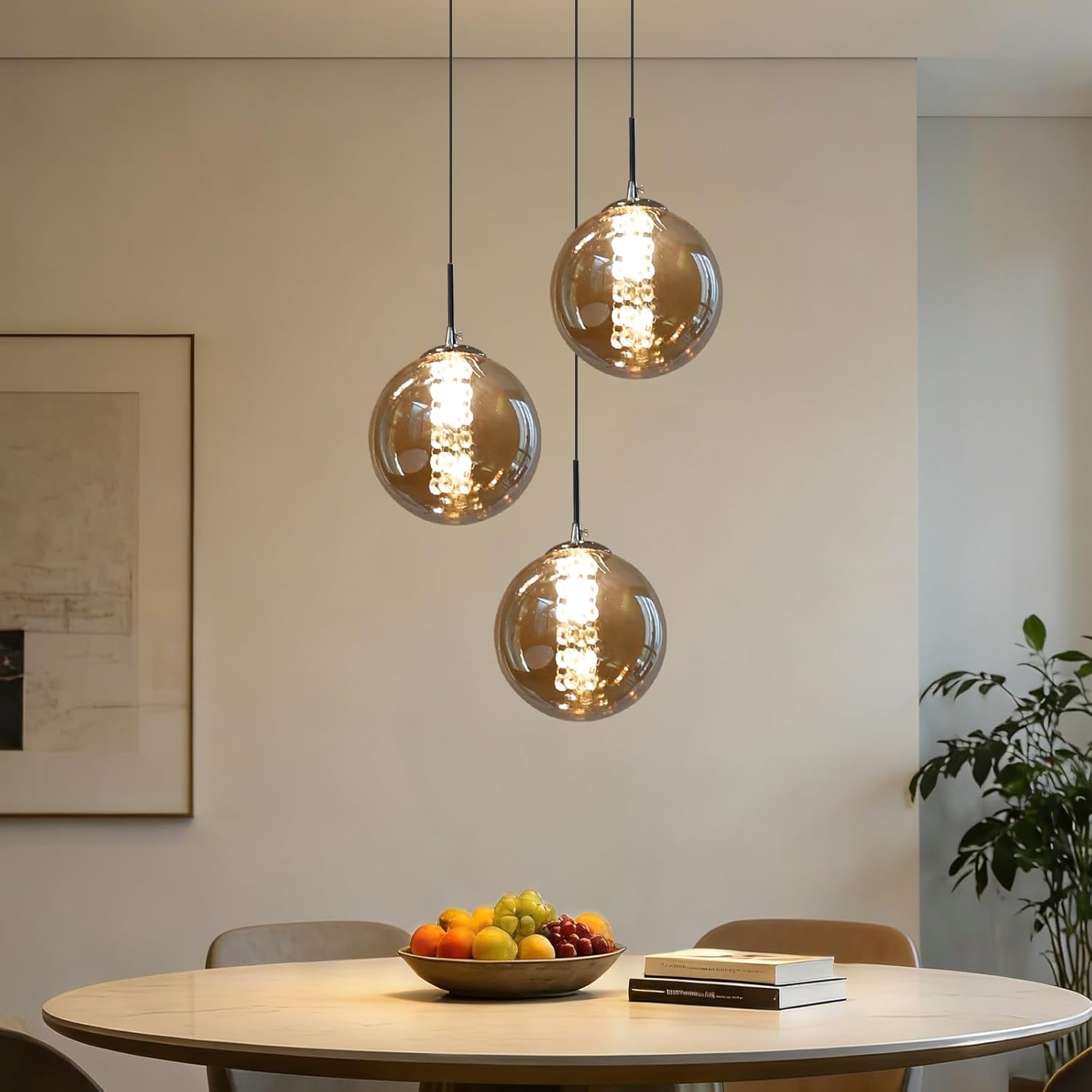 Pendelleuchte esstisch Pendellampe Höhenverstellbar Kronleuchter Hängeleuchte 3-Flammig aus Glas in Farbe Bernstein Küchen Wohnzimmerlampe Schlafzimmerlampe Flurlampe