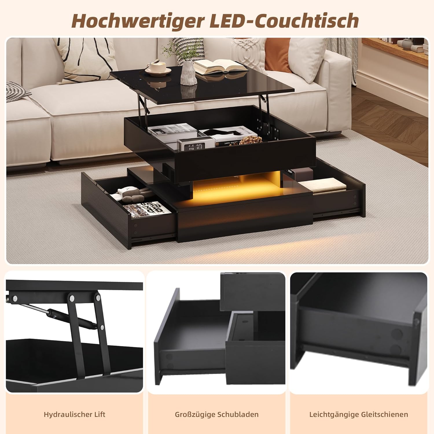 Merax Couchtisch mit Höhenverstellbarer Platte, Hochglanz Wohnzimmertisch mit LED, Sofatisch Kaffeetisch mit 2 Schubladen, Versteckte Stauraum, Quadratische Beistelltische für Wohnzimmer Büro, Schwarz