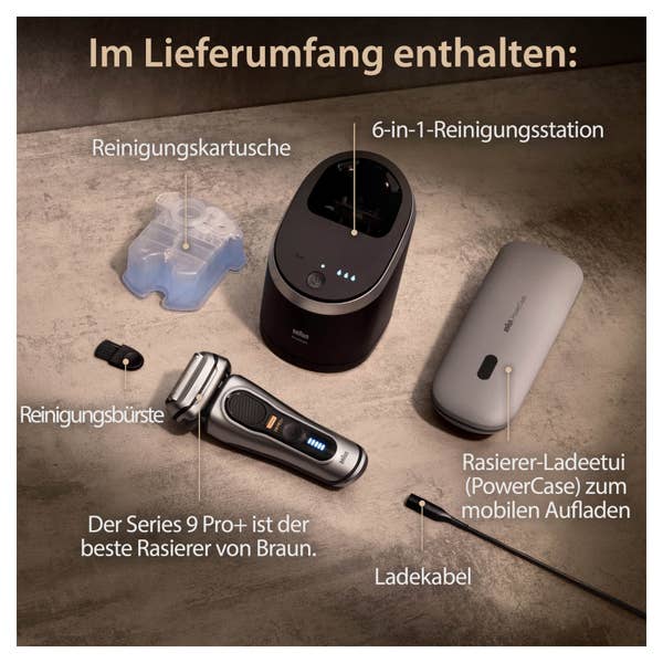 Braun Series 9 Pro+ Elektrorasierer, Reinigungsstation, Rasierer-Ladeetui (PowerCase), Wet & Dry, 9577cc, Silber