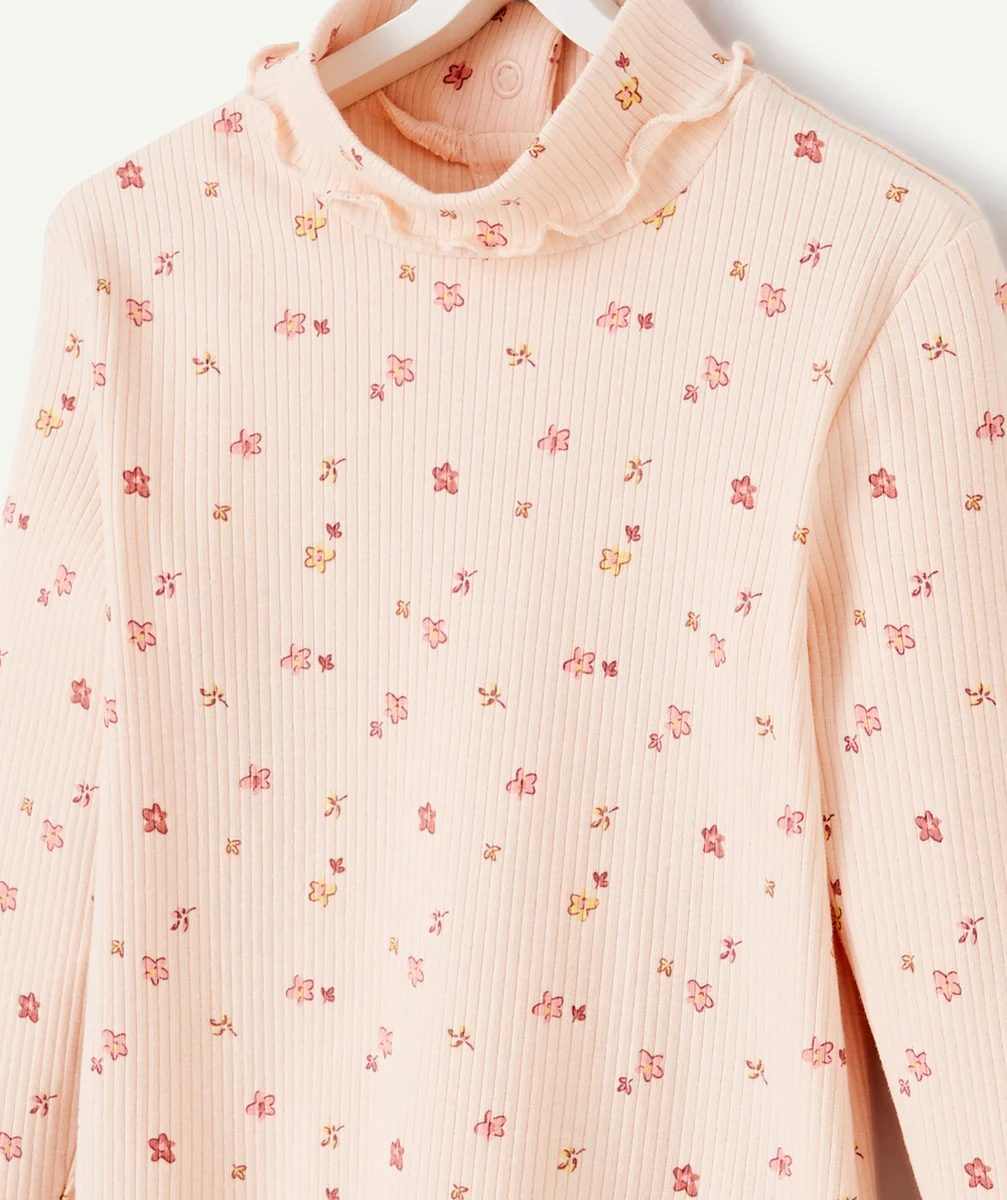 SOUS-PULL CÔTELÉ FILLE EN COTON BIO ROSE IMPRIMÉ FLEURI