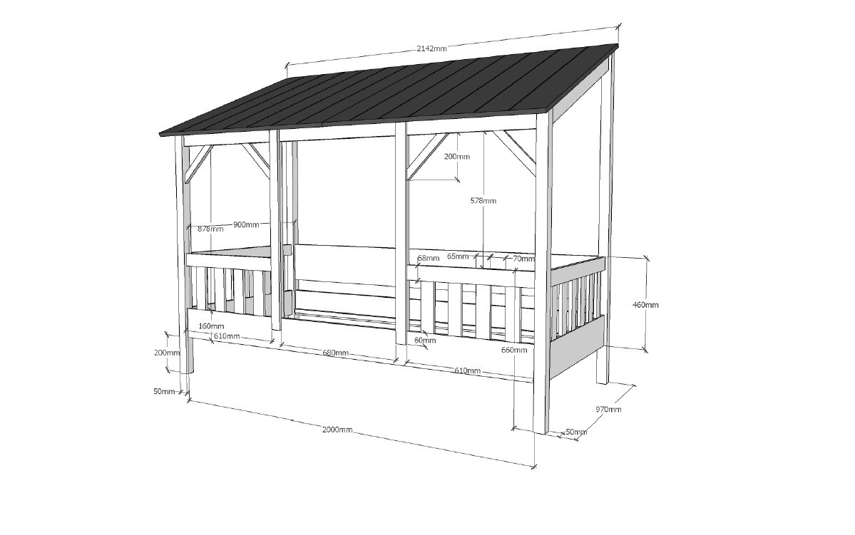 Hausbett mit 90 x 200 cm Liegefläche, Dach in Weiß