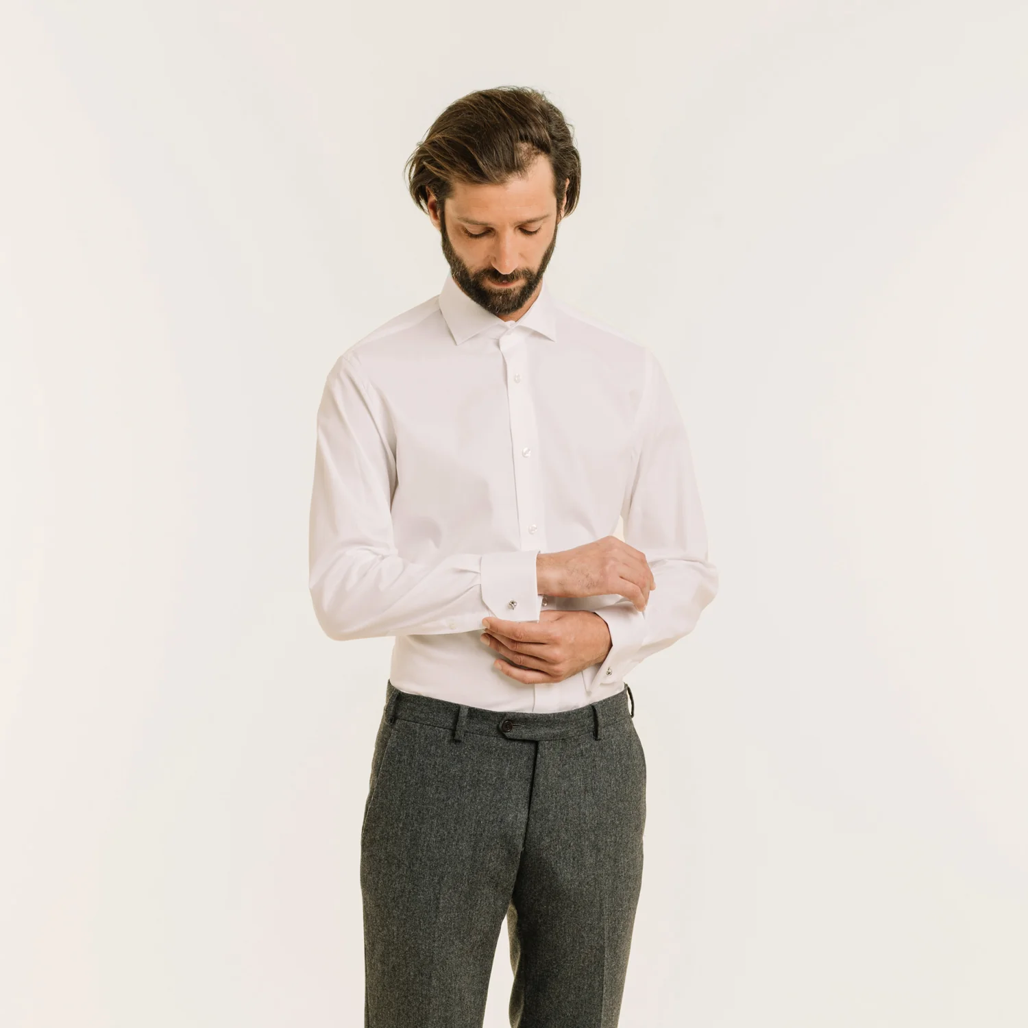 Fitted white double-twisted Oxford shirt with French cuffs