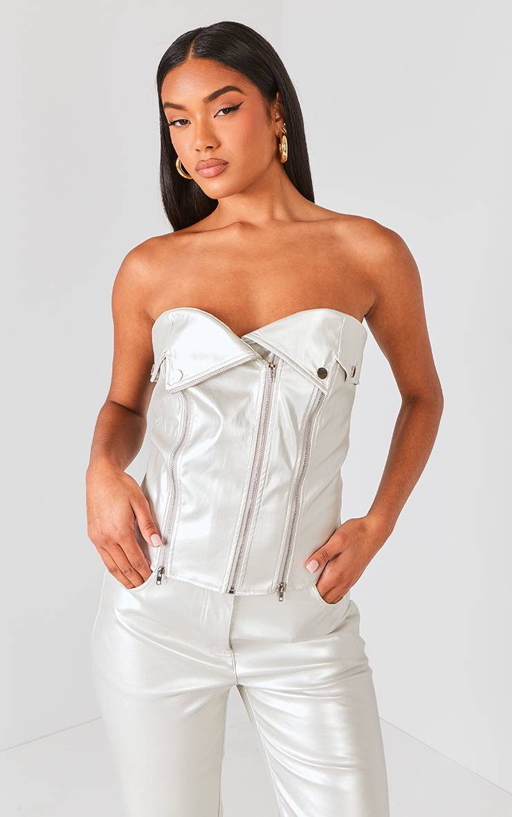 Argenté Corset Style Motard Zippé En Synthétiquecuir Métallisé